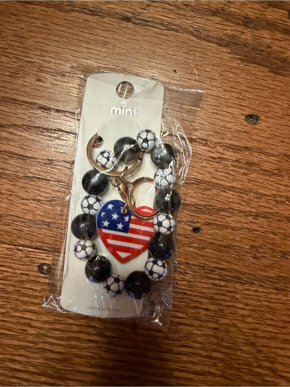 Mint Kids soccer Beaded wristlet Keychain with American Flag Heart Charm -